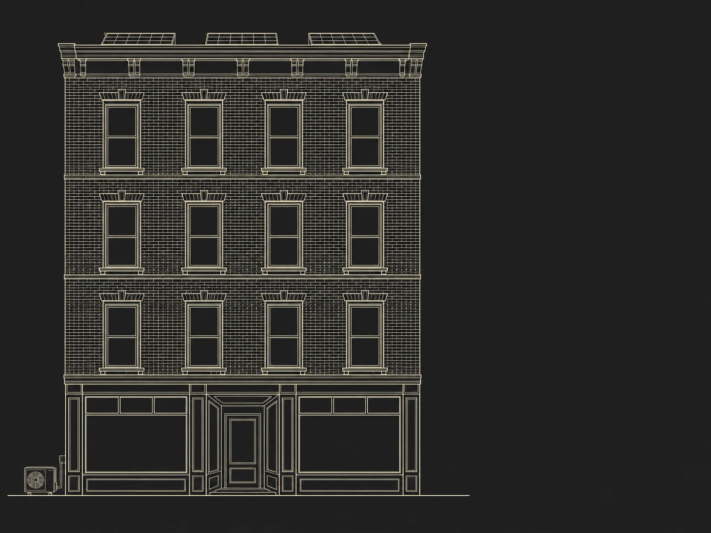 Line drawing of a four-story brick building with a storefront, cornice, rooftop solar panels and a heat pump