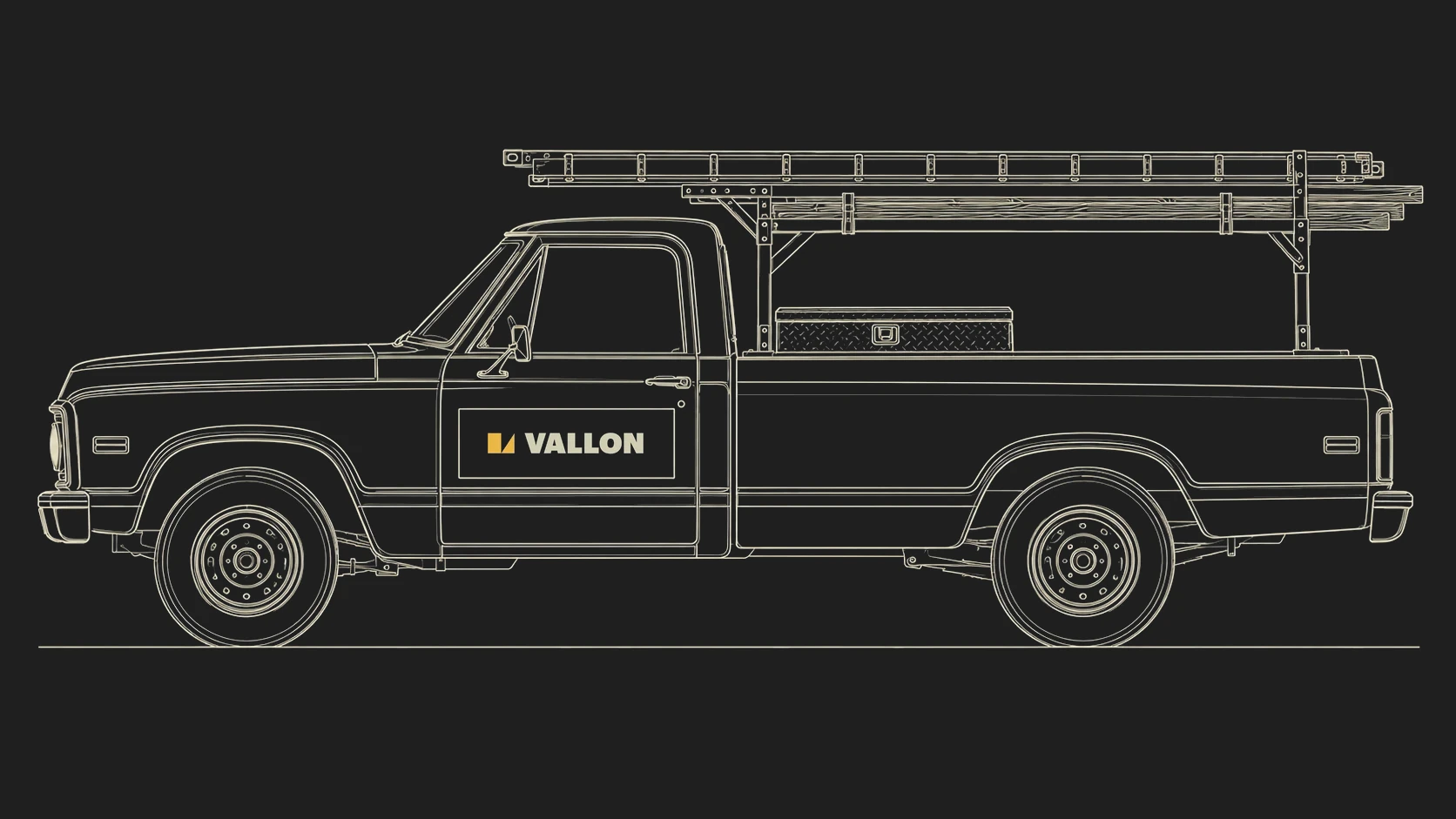 Line drawing of a classic Vallon work pickup with a ladder rack, lumber and a toolbox, the Vallon logo on the door