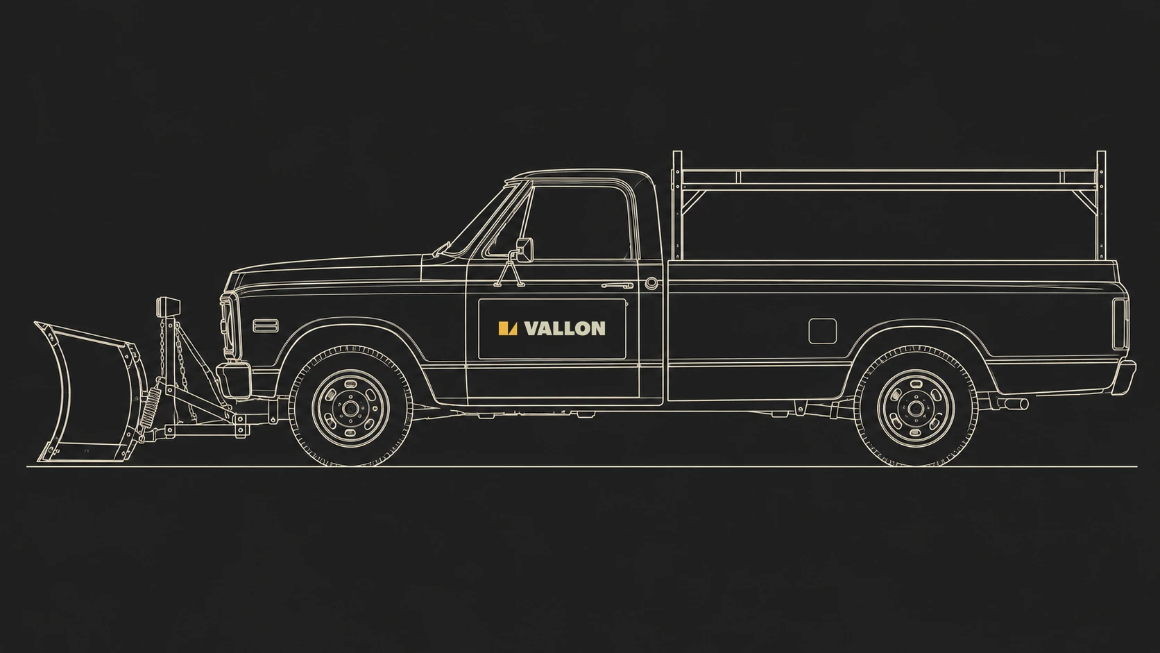 Line drawing of a classic Vallon pickup with a snow plow blade, the Vallon logo on the door